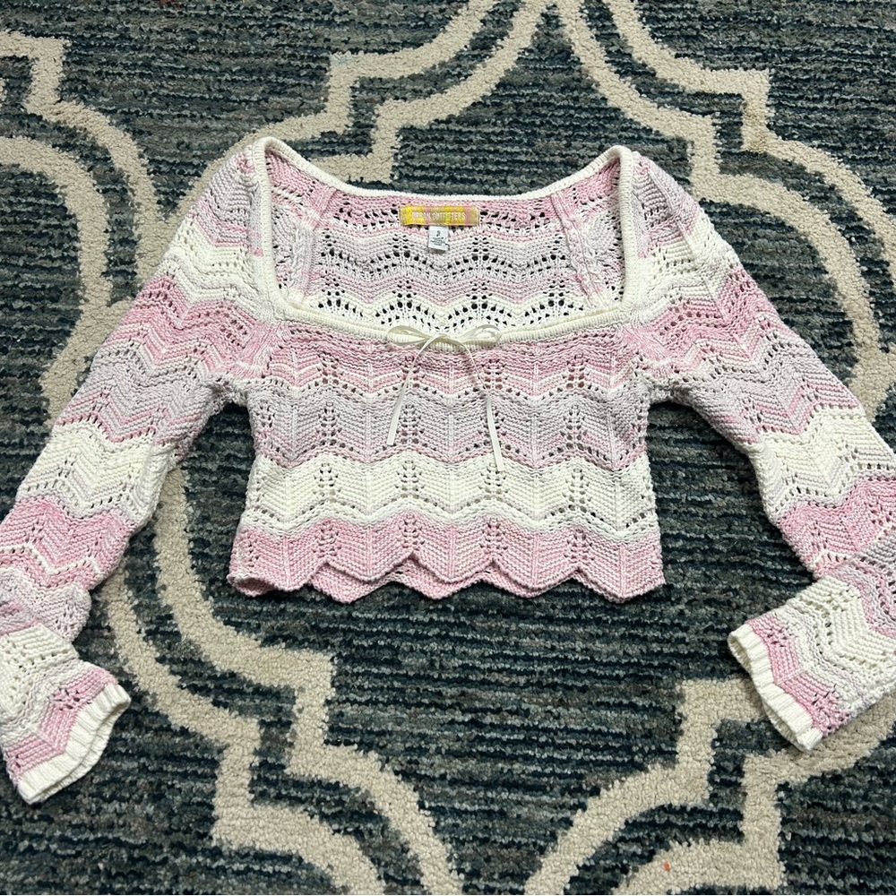 Urban Outfitters Pink and White knitted long sleeve sweater with bow on front